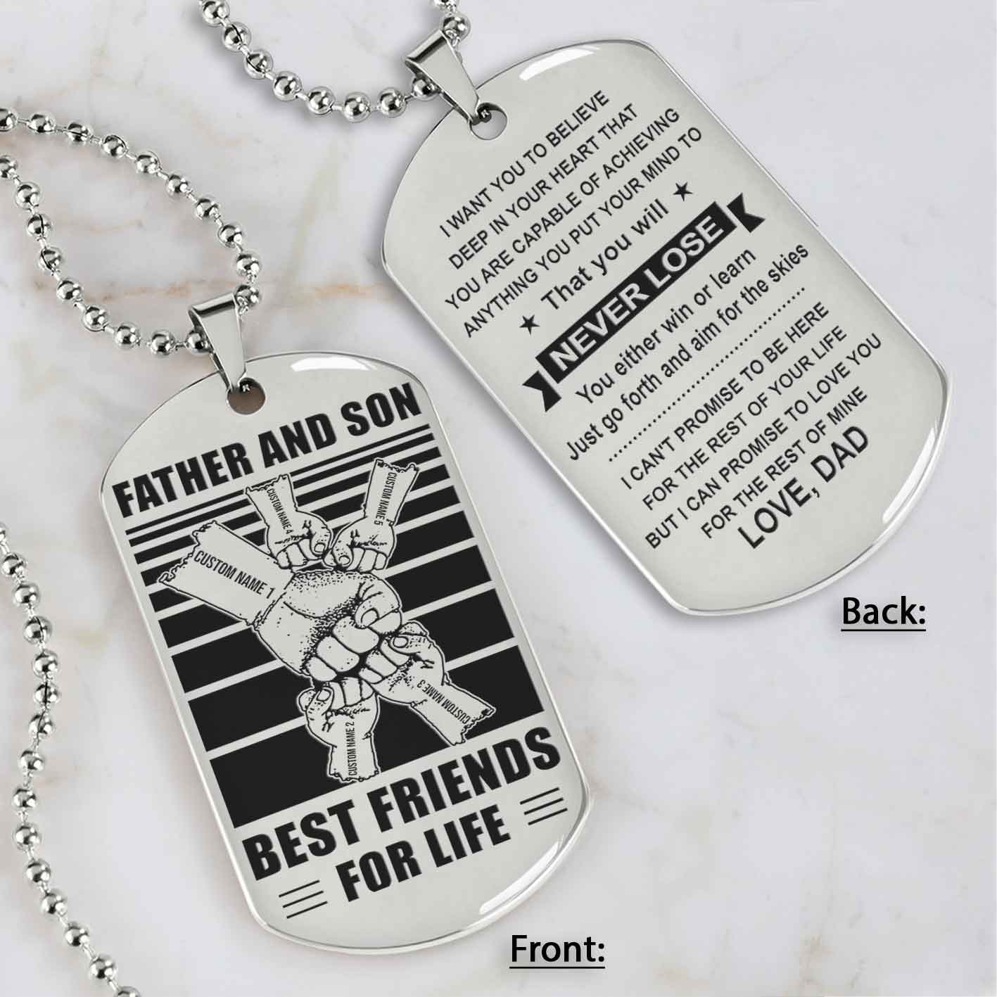 Family Fist Bump Team 5 Personalized Double Sided Dog Tag Father And Son Best Friends For Life - Message on the back side