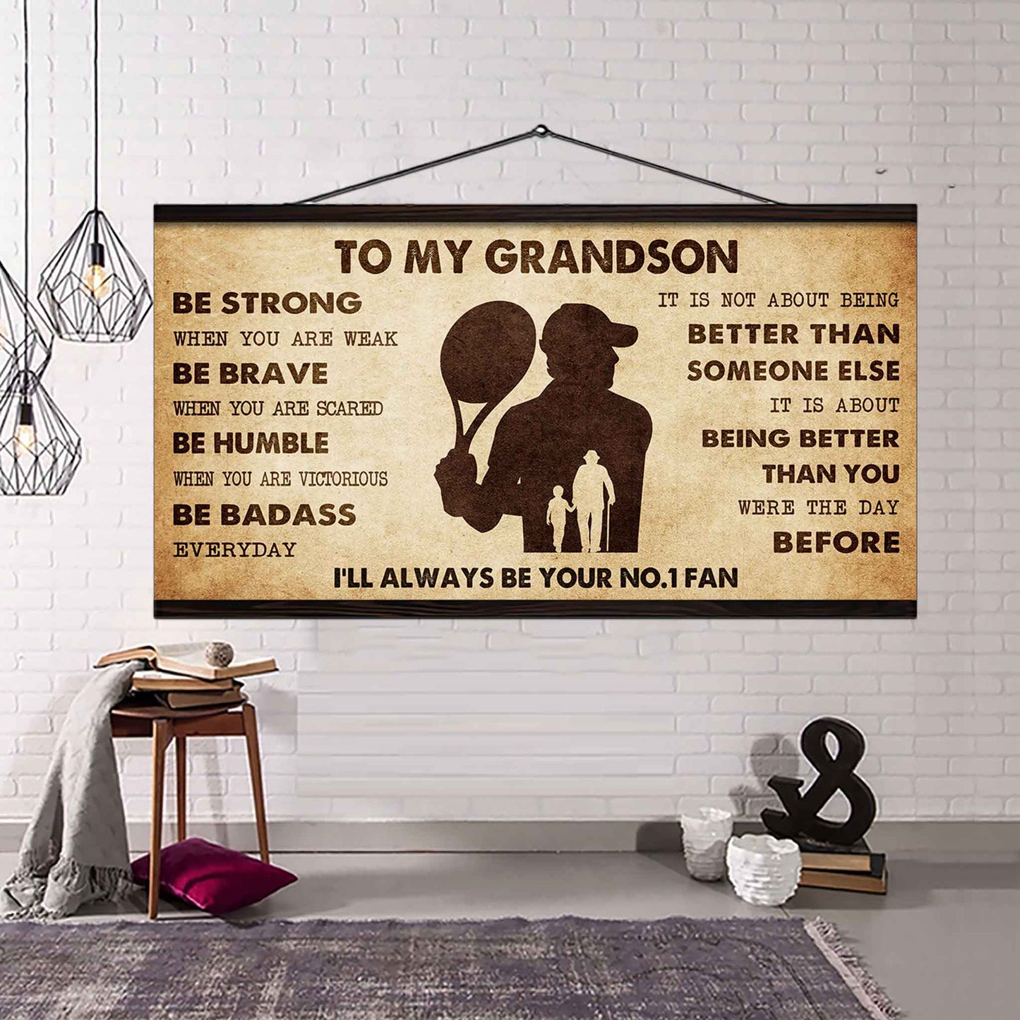 Personalized Sport Poster Canvas I'll Be Your No 1 Fan Grandpa To Grandson - Be Strong When You Are Weak Be Badass Everyday