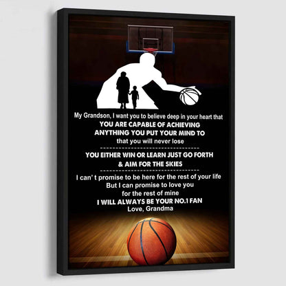 Sport Basketball Poster Canvas Grandma To Grandson - That You Will Never Lose You Either Win Or Learn I Will Always Your No 1 Fan