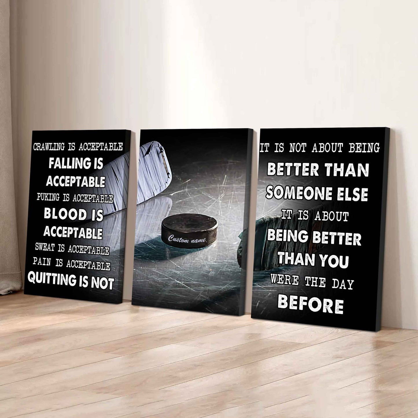 No Quitting – Hockey Athlete Mindset | 3-Piece Motivational Canvas Wall Art