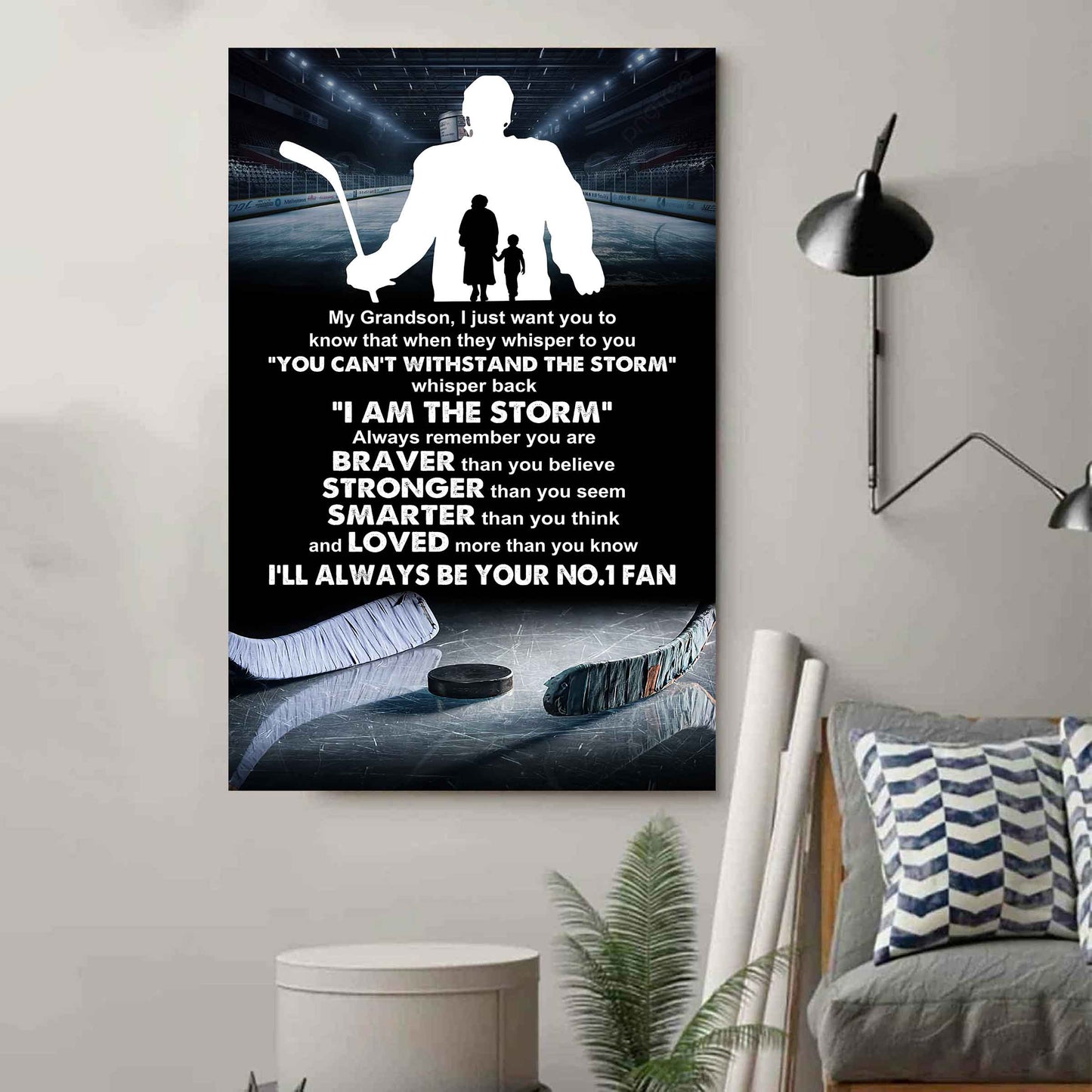 Hockey Poster Canvas Grandma To Grandson - Whisper Back I Am The Storm I Will Always Your No 1 Fan