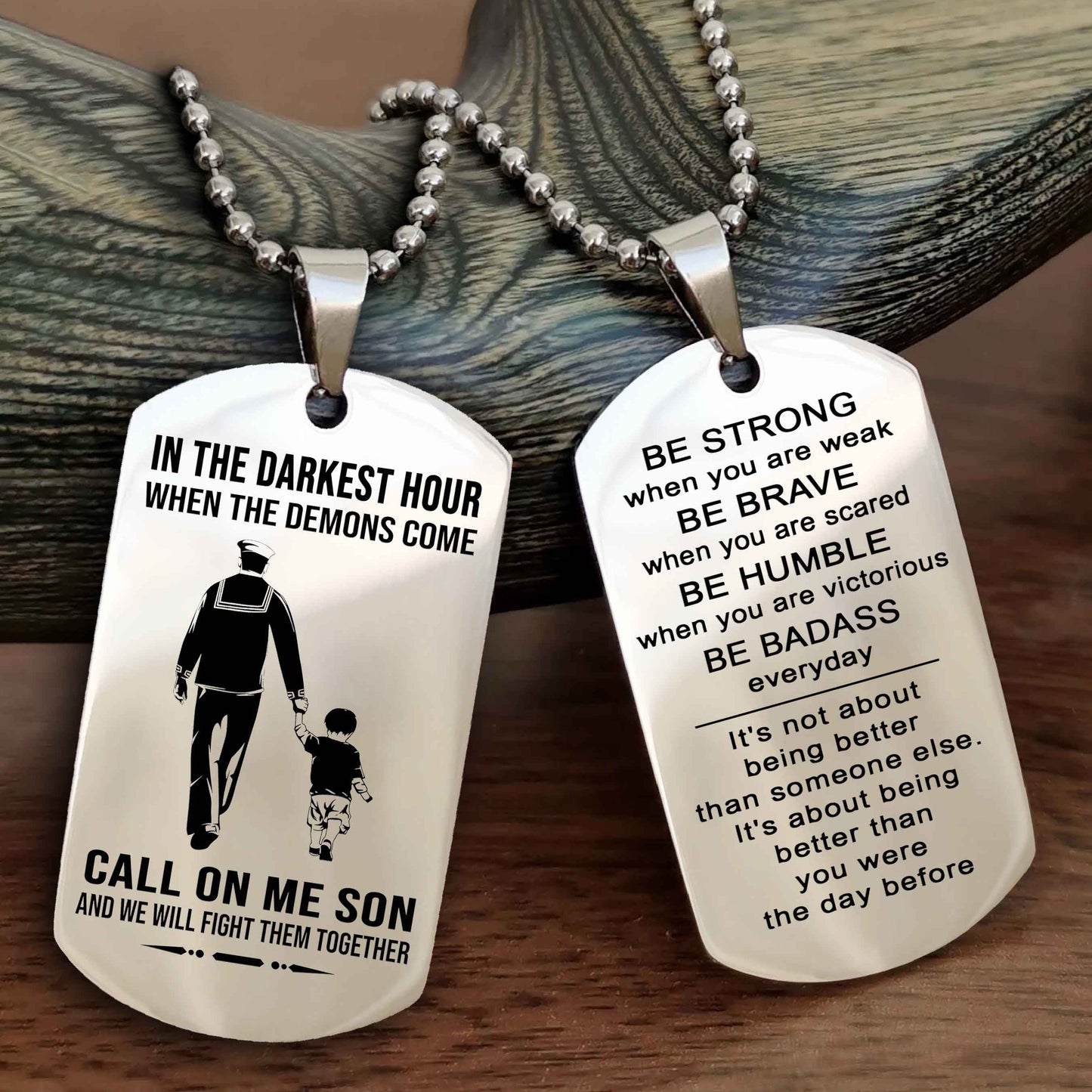 DRB Double Sided Dog Tag Call On Me Son - Gift For Son From Dad Be Strong When You Are Weak Be Badass Everyday