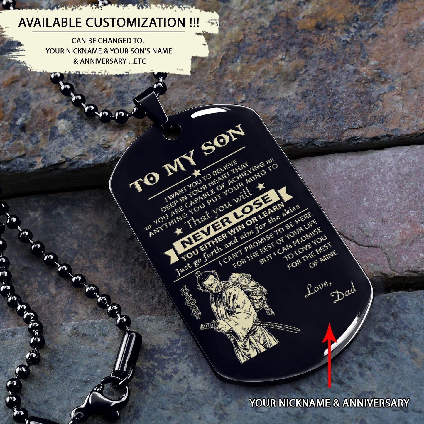 Customizable engraved black dog tag dad to son never lose