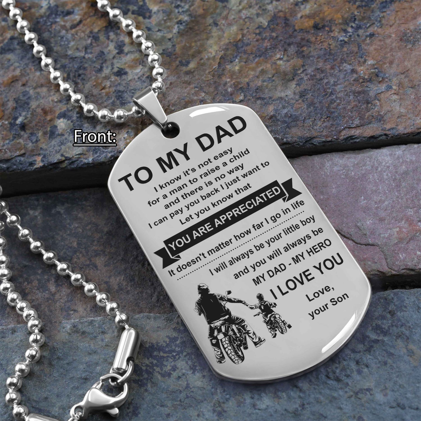 Biker One Side Dog Tag To My Dad I Know It's Not Easy - You Are My Hero Gift From Son To Dad Father's Day Gift