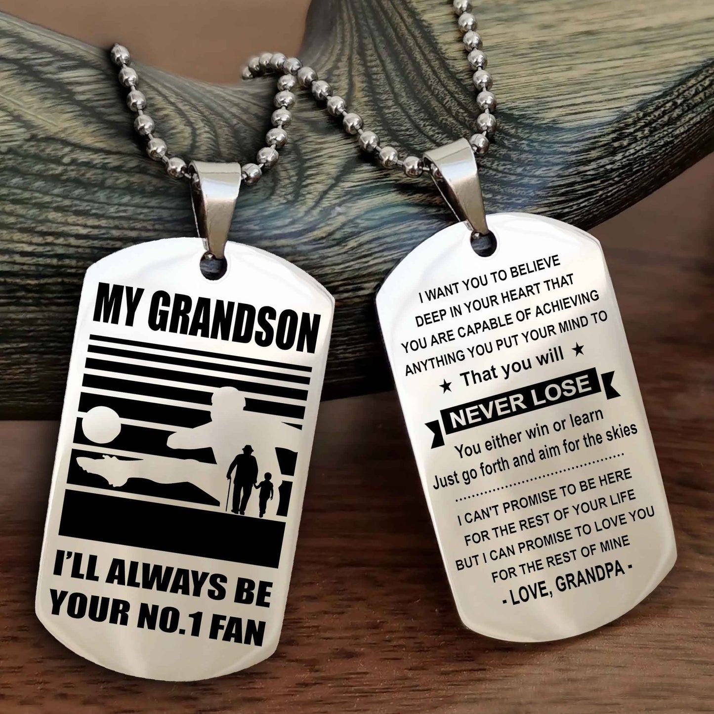 Sport Baseball Personalized Double Sided Dog Tag Granpa, Grandma To Grandson I Will Always Be Your No 1 Fan - You Will Never Lose You Either Win Or Learn
