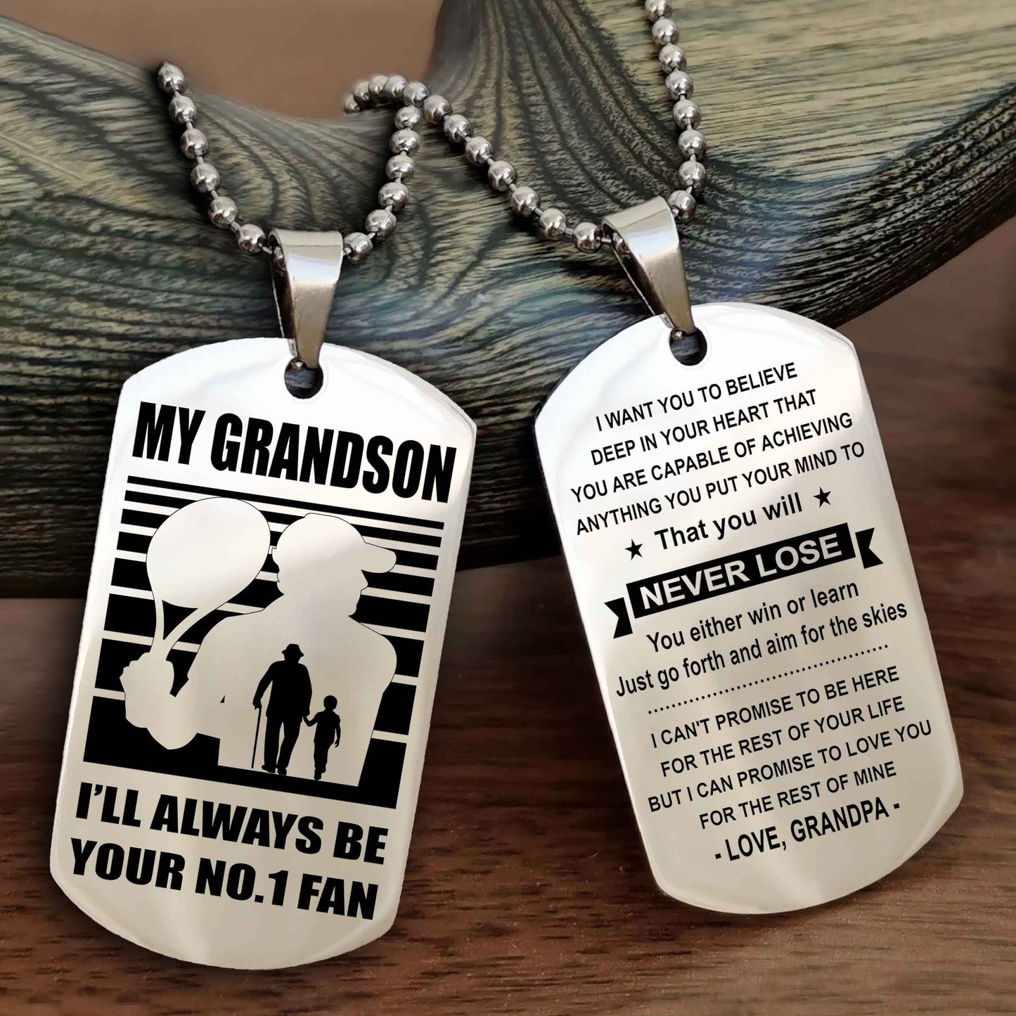 Sport Baseball Personalized Double Sided Dog Tag Granpa, Grandma To Grandson I Will Always Be Your No 1 Fan - You Will Never Lose You Either Win Or Learn