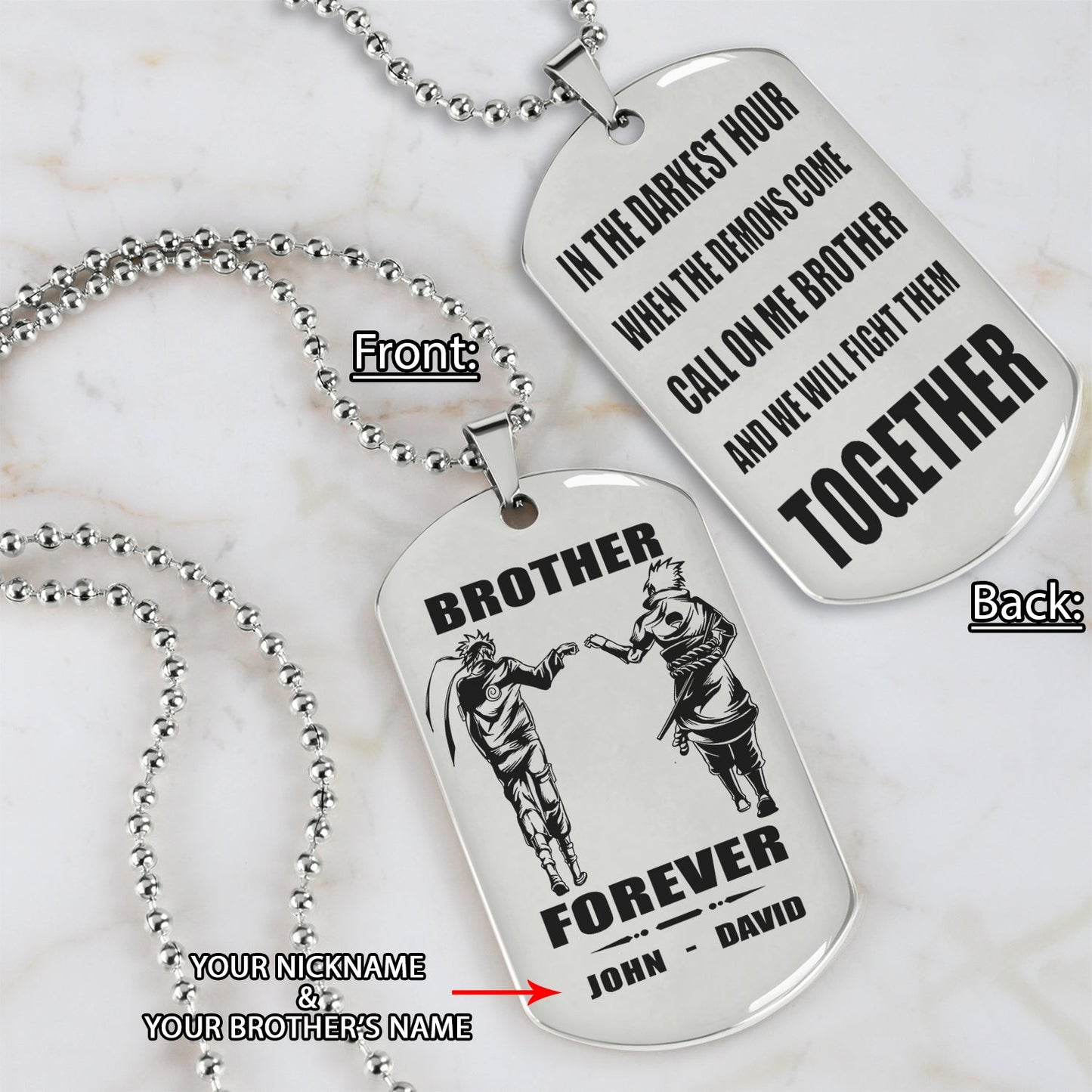 Samurai Call on me brother engraved white dog tag double sided. gift for brothers